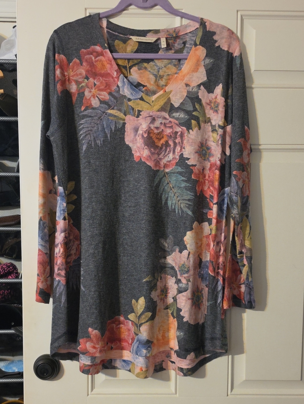 Soft Surroundings Gray Long Sleeve Top with Pink & Peach Floral